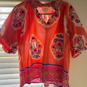 Umgee Vibrant Orange and Pink Floral Blouse